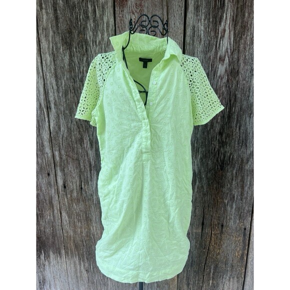 J.CREW Dress Size 0 LIGHT NEON GREEN EYELET SHORT SLEEVE MINI SHIRT DRESS - Picture 1 of 4